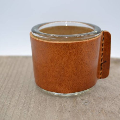 Kaarsenhouder voor theelicht met cognac leer 