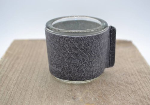 Scotts Bluf Kaarsenhouder voor theelicht met glas en grijs leer