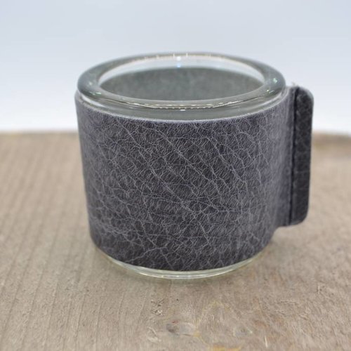 Kaarsenhouder voor theelicht met glas en grijs leer 