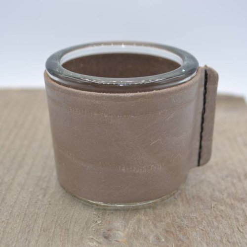 Kaarsenhouder voor theelicht met glas en ecru leer 