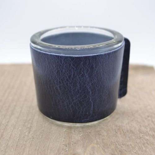 Kaarsenhouder voor theelicht. Glas en blauw leer 