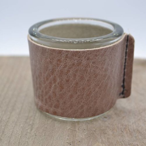 Kaarsenhouder voor theelicht. Glas en taupe leer 