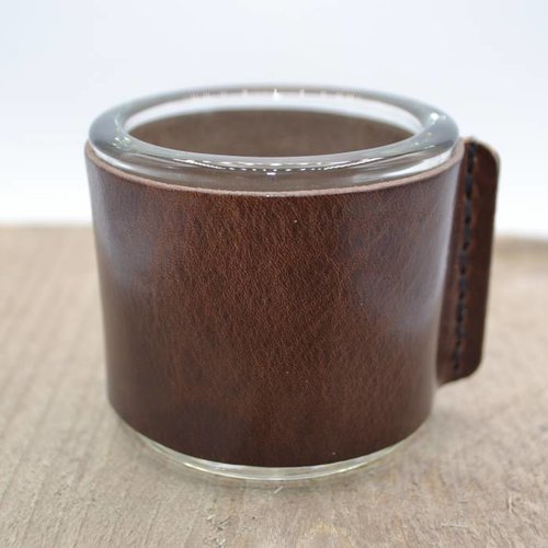 Kaarsenhouder voor theelicht. Glas en bruin leer 