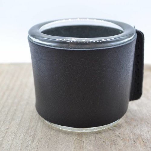 Kaarsenhouder voor theelicht. Glas en zwart leer 