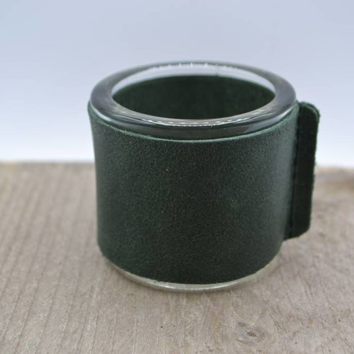 Kaarsenhouder voor theelicht. Glas en donker groen leer 