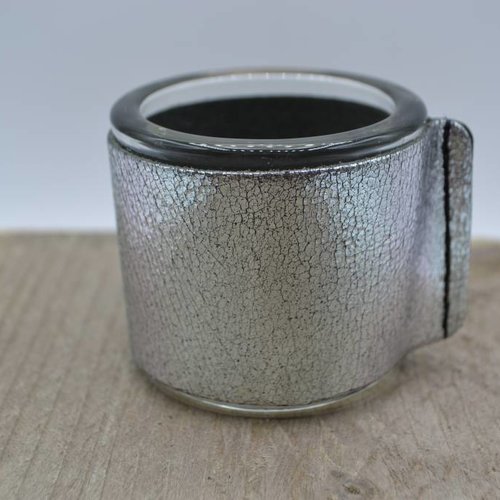 Kaarsenhouder voor theelicht. Glas en grof zilver leer 