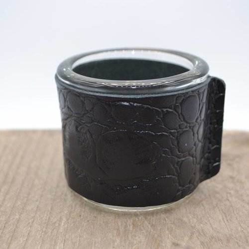Kaarsenhouder voor theelicht. Glas en croco zwart leer 