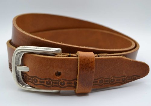 Scotts Bluf cognac riem met fietskettingprint Scotts Bluf cognac riem met fietskettingprint