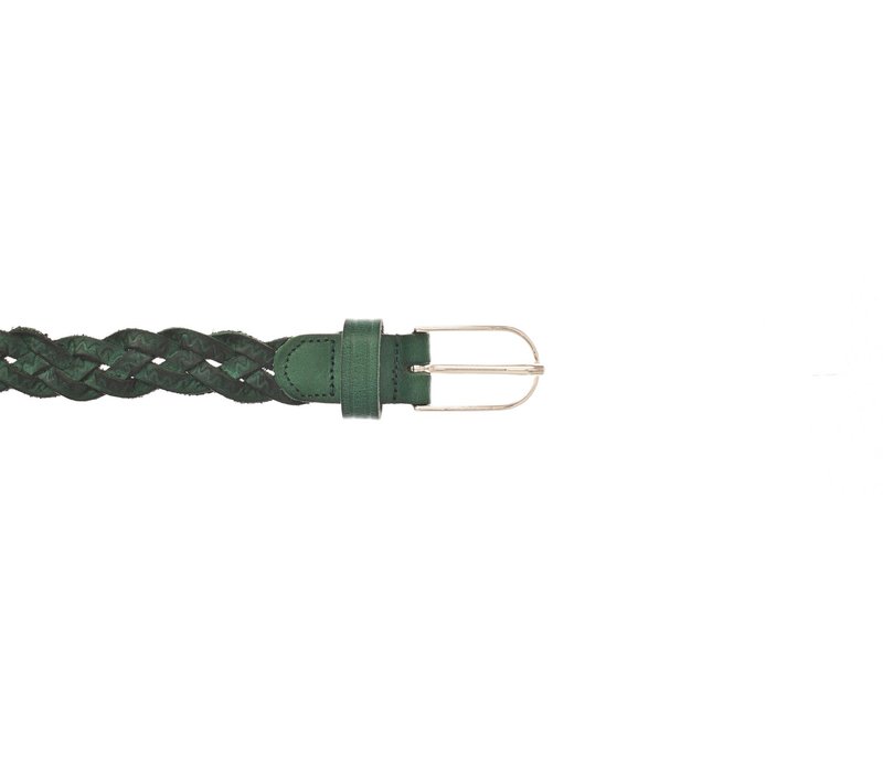 160cm lange knoopriem van groen gevlochten leer afgewerkt met smalle gouden gesp.