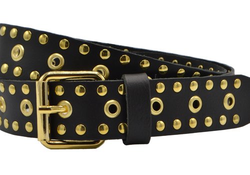Rock 'n Rich Zwarte soepele riem met gouden ringen en studs Rock 'n Rich Zwarte soepele riem met gouden ringen en studs