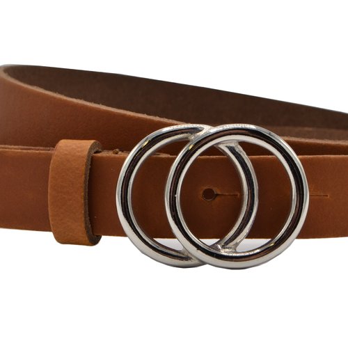 2.5cm brede cognac riem met zilver kleurige gesp. 