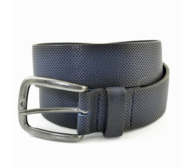 Blauwe casual riem van 4cm breed met gaatjesprint. Italiaans nerfleer en nikkelvrije gesp