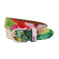 3,5cm brede riem met kleurrijke bloemenprint. Echt krakkelee leer.