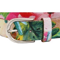 3,5cm brede riem met kleurrijke bloemenprint. Echt krakkelee leer.