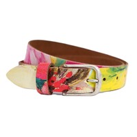 3 cm brede riem met kleurrijke bloemenprint. Echt Nederlands krakkelee leer.