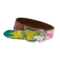 3 cm brede riem met kleurrijke bloemenprint. Echt Nederlands krakkelee leer.