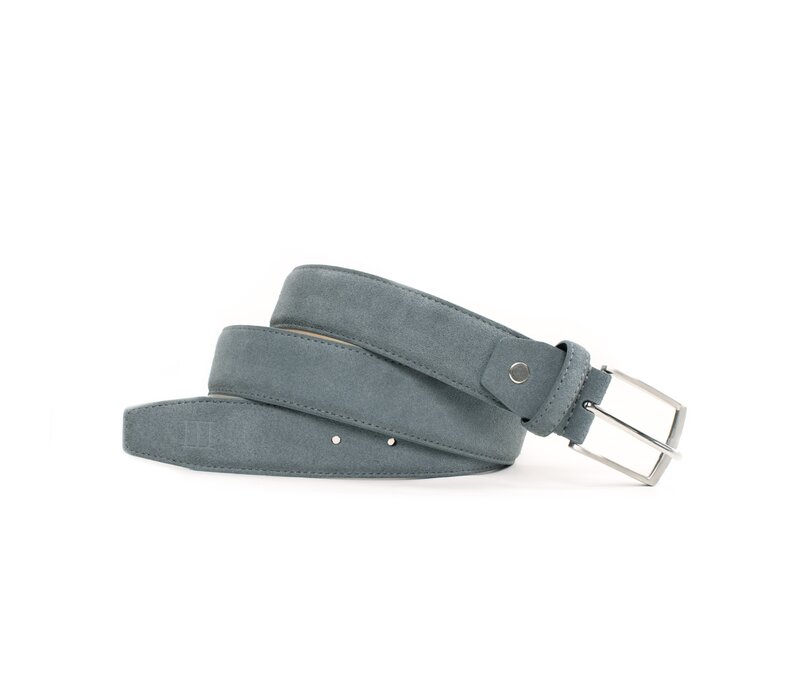 Blauw-grijze echt leren riem gemaakt van suede  en makkelijk aanpasbare maat d.m.v. een schroefje.