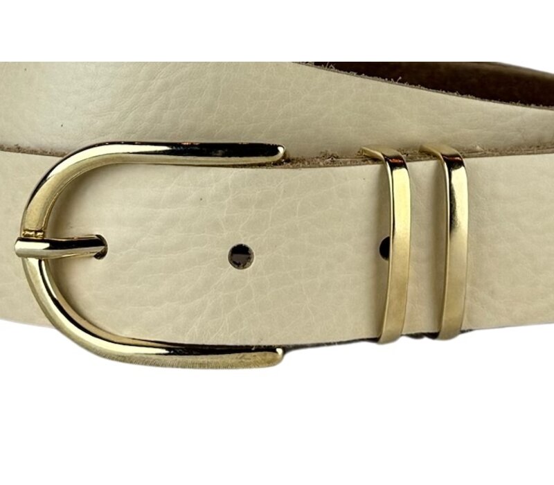 Elvy Fashion beige 3 cm brede riem afgewerkt met gouden gesp en lussen.