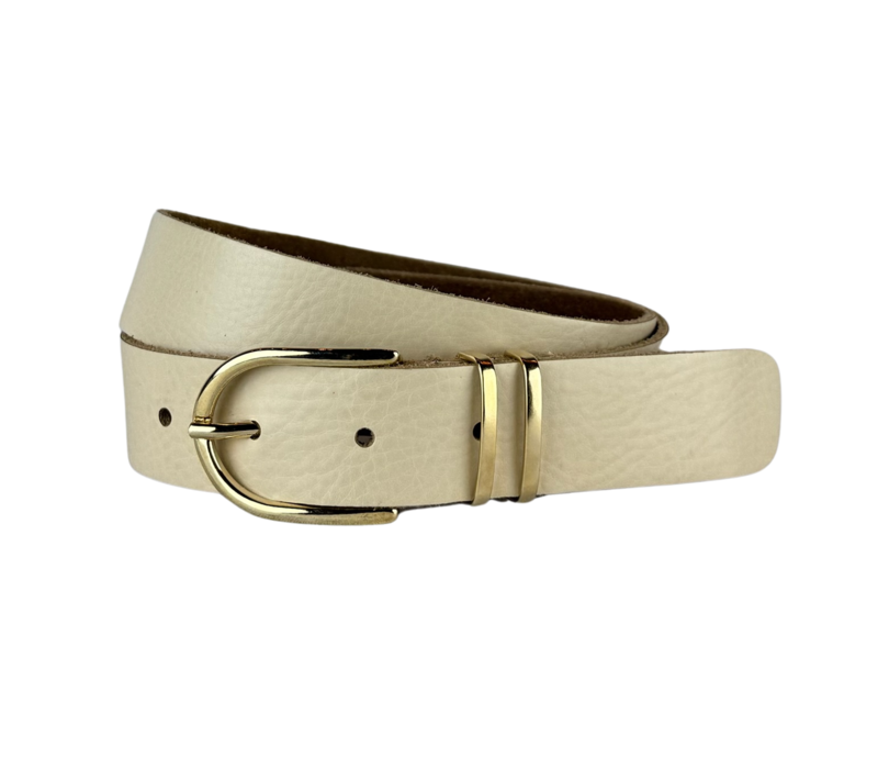 Elvy Fashion beige 3 cm brede riem afgewerkt met gouden gesp en lussen.