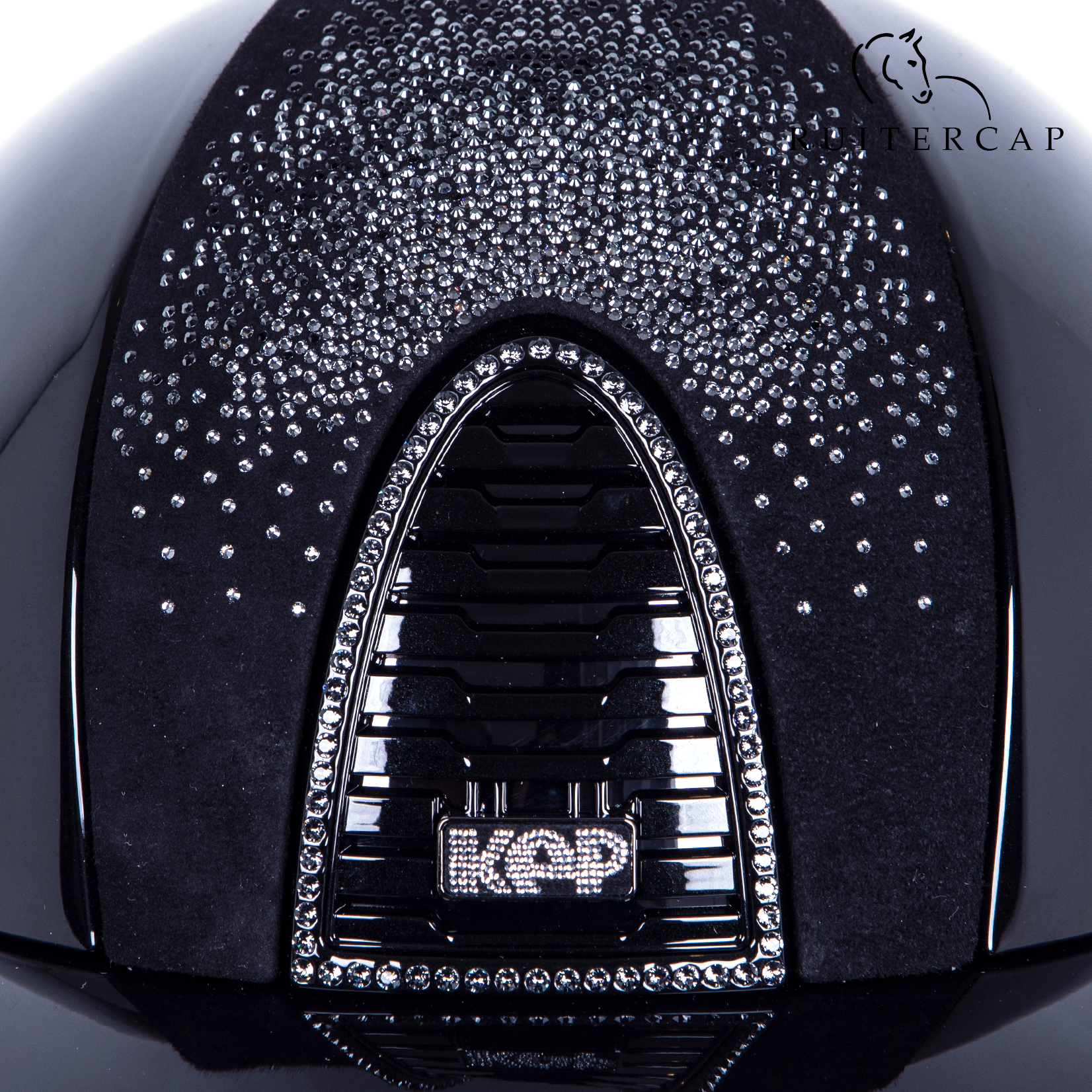 KEP Italia polish black with suede front with shaded swarovski black silver - crystal logo - jet black swarovski chinstrap - swarovski frame crystal silver night