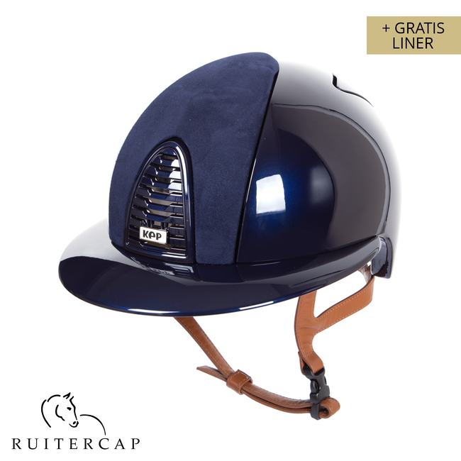 KEP Italia polish blue with suede blue front - mirror black sub-grill and button edge - polo visor - cognac chinstrap