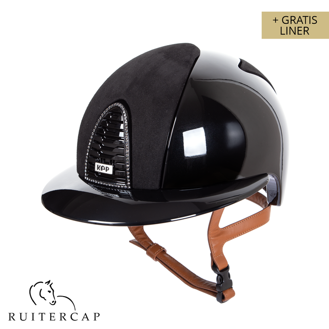 KEP Italia polish black with suede black front and backside - swarovski frame - polo visor - cognac chinstrap