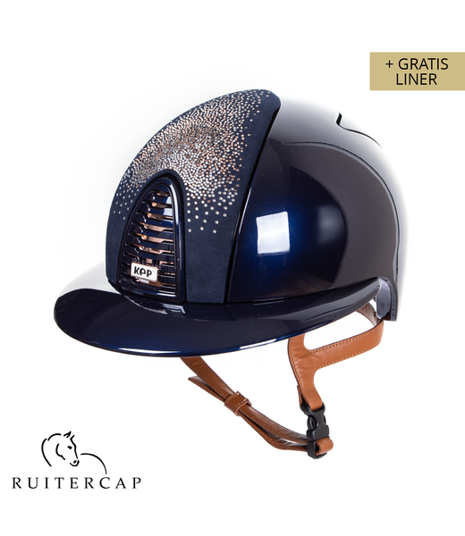 KEP Italia polish blue with suede front with shaded swarovski crystal gold - sub grill and button edge rose gold - polo visor - cognac chinstrap