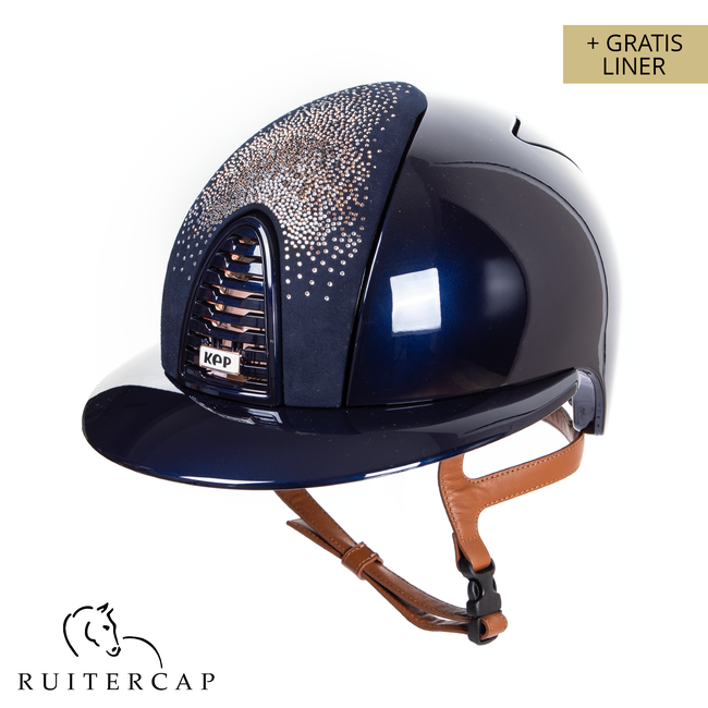 KEP Italia polish blue with suede front with shaded swarovski crystal gold - sub grill and button edge rose gold - polo visor - cognac chinstrap