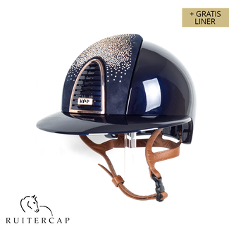KEP Italia polish blauw met suede voorzijde met shaded swarovski crystal rose gold - róse gold frame - cognac kinbandje - polo klep