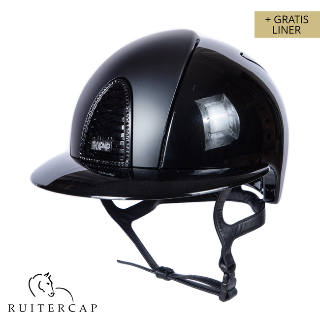 KEP Italia polish zwart met textile zwart voorzijde - swarovski frame jet - crystal logo - polo klep