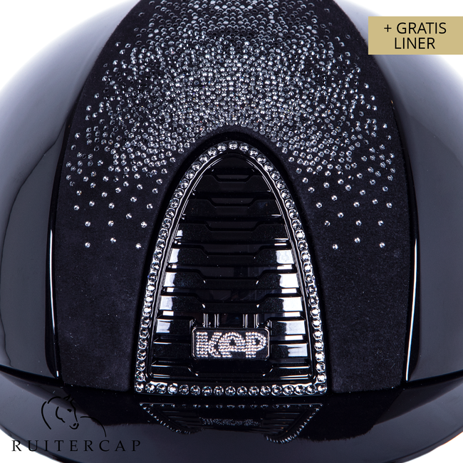 KEP Italia polish black with suede front with shaded swarovski black silver - crystal logo - jet black swarovski chinstrap - swarovski frame crystal silver night