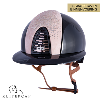 KEP Italia polish black with suede front with shaded swarovski pink rose gold - rose gold sub-grill and button edge - cognac chinstrap - polo visor