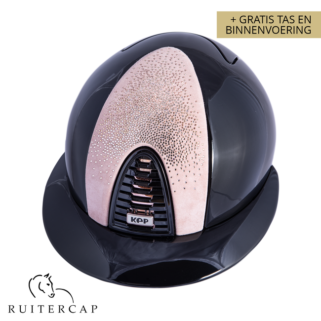 KEP Italia polish zwart met suede voorzijde met shaded swarovski roze rose gold - rose gold sub grill en button rand - cognac kinbandje - polo klep