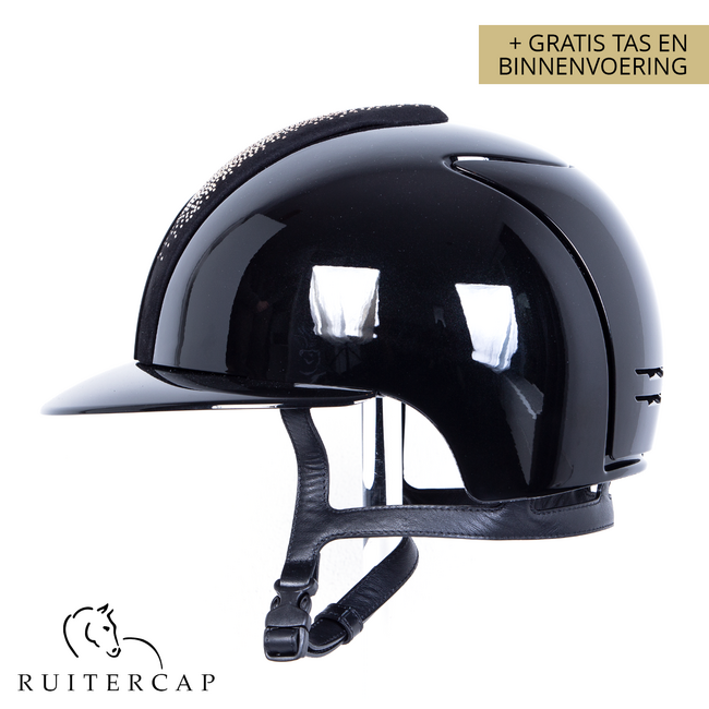 KEP Italia polish black with suede front with shaded swarovski crystal rose - polo visor - button edge rosé gold