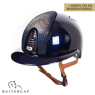 KEP Italia polish blue with suede front with shaded swarovski crystal gold - sub grill and button edge rose gold - polo visor - cognac chinstrap