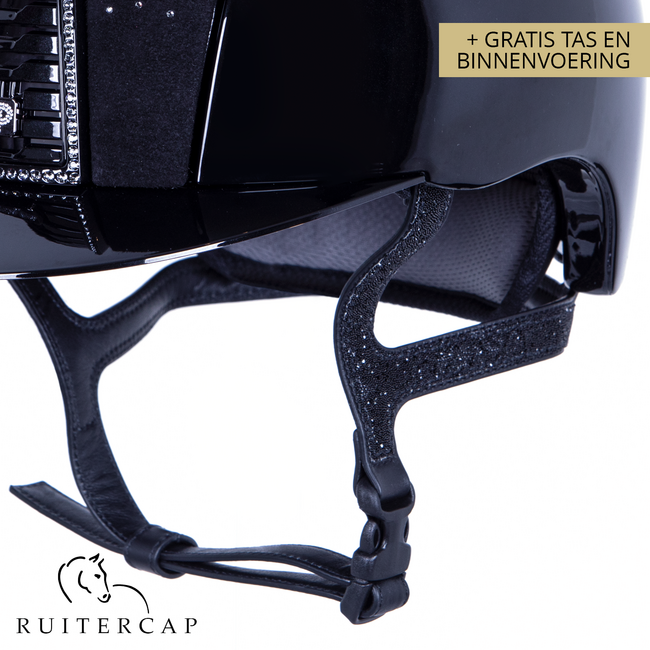 KEP Italia polish black with suede front with shaded swarovski black silver - crystal logo - jet black swarovski chinstrap - swarovski frame crystal silver night