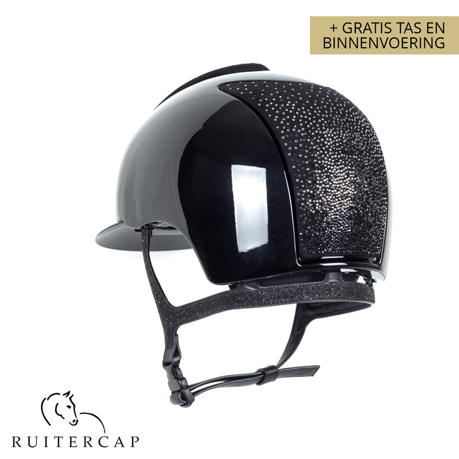 KEP Italia polish black with suede front and back with shaded swarovski black silver - crystal logo - jet black swarovski chinstrap - swarovski frame crystal silver night