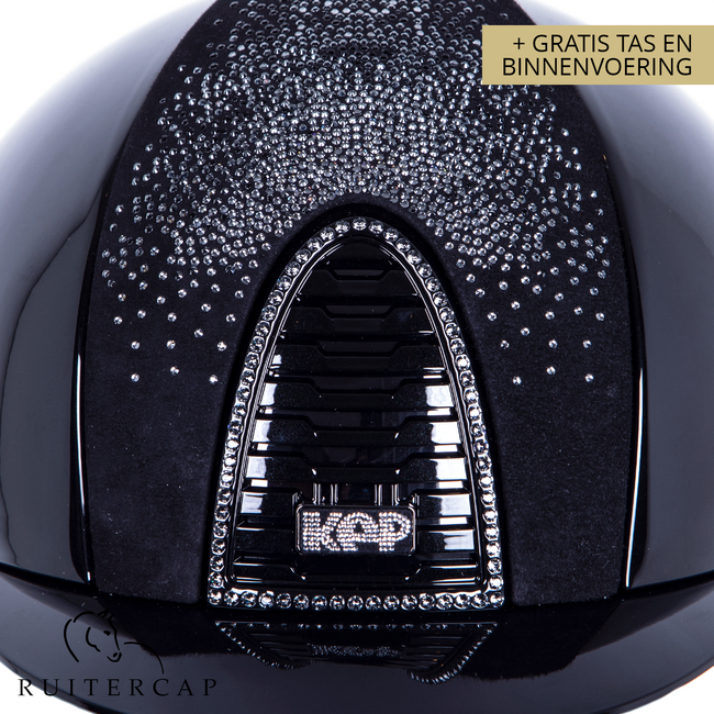 KEP Italia polish black with suede front and back with shaded swarovski black silver - crystal logo - jet black swarovski chinstrap - swarovski frame crystal silver night