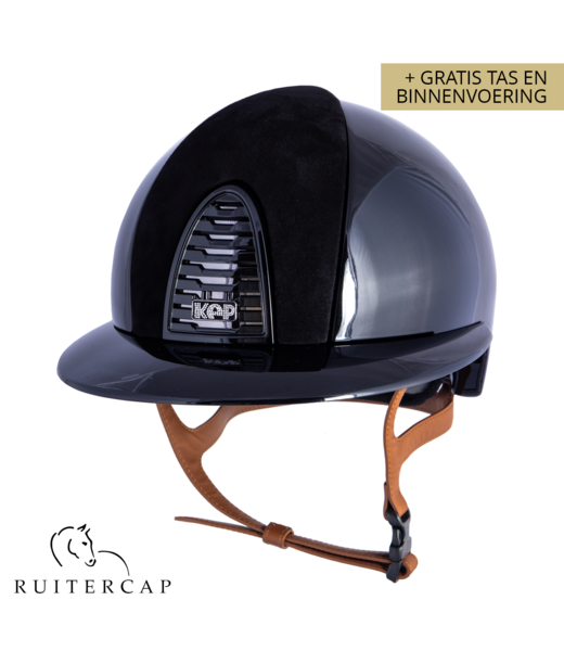 KEP Italia polish zwart met suede zwart voorzijde - crystal logo - polo klep - mirror zwart sub-grill - cognac kinbandje