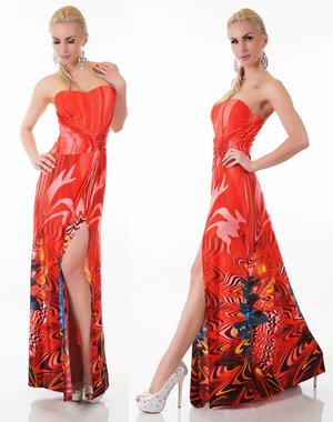 Lucas & Emma Lange Strapless Avondjurk met Versiering Coral / Rood