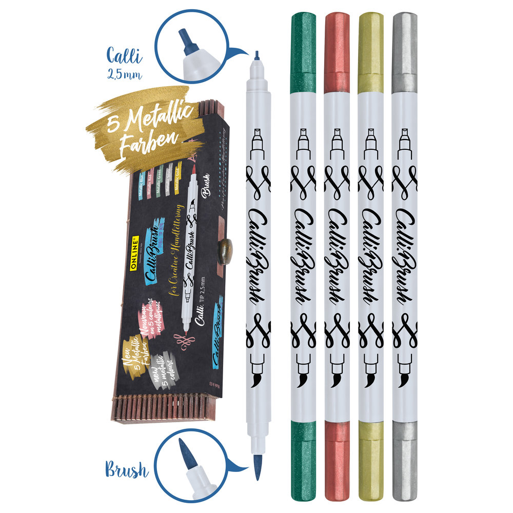 5 Metallic Calli.Brush pennen dubbele punt in bamboe doos