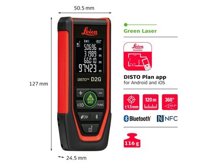 Leica DISTO D2G Laser Afstandsmeter 120m, 1.5mm, bluetooth en NFC