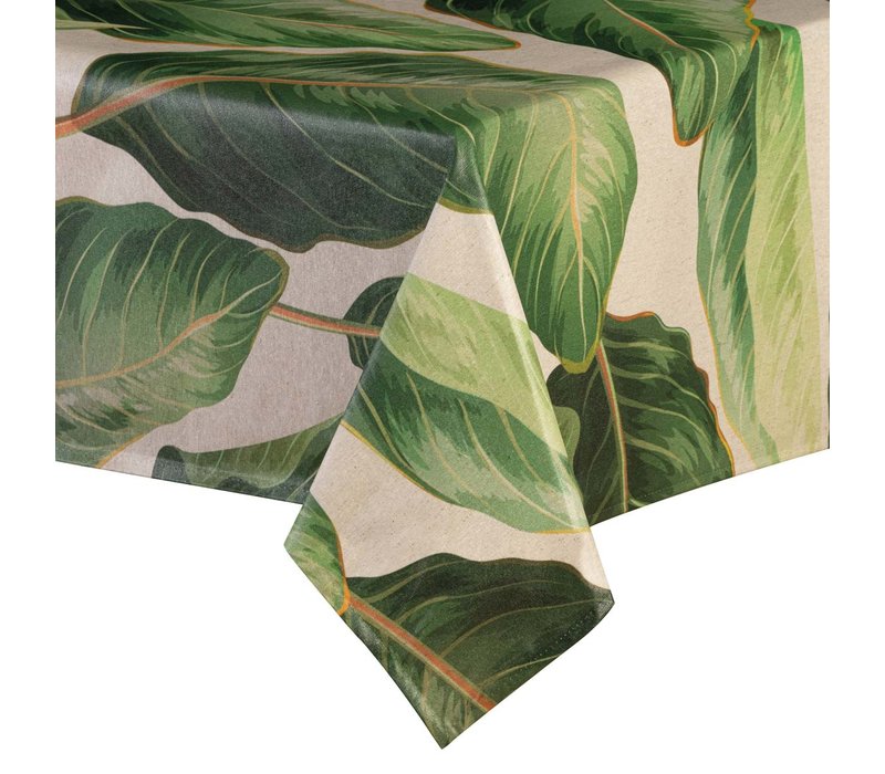 Tafelkleed Gecoat - 140 x 250 cm - Green leaves linnenmix