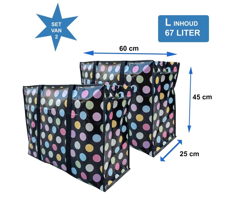 Big Shopper met rits - 60 x 45 cm - Stippen - Zwart -Set van 2