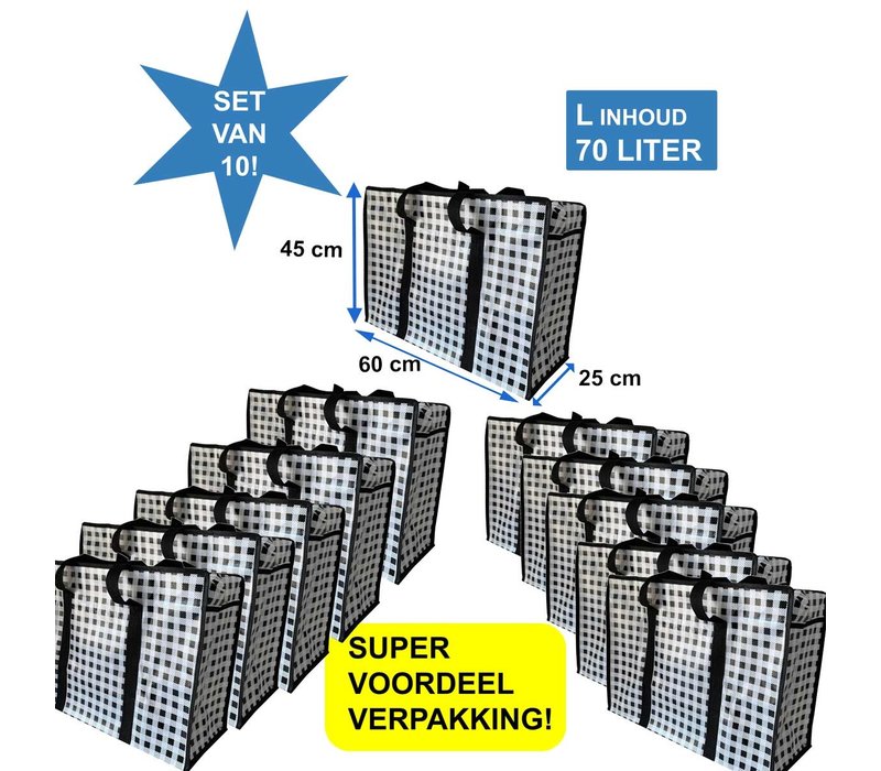 Big Shoppers met rits (10 stuks) - 60 x 45 cm - Geruit - Zwart -Set van 10