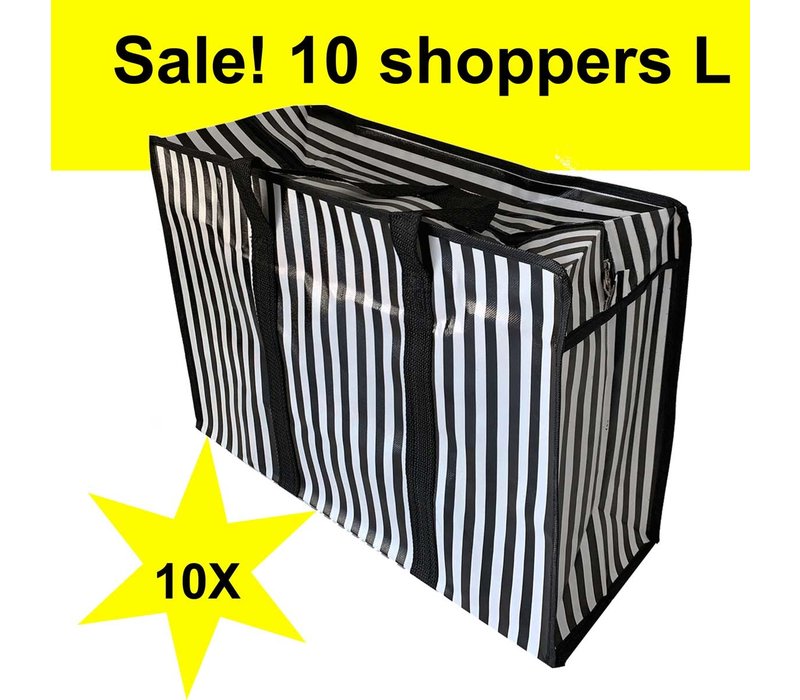 Big Shoppers met rits (10 stuks) - 60 x 45 cm - Strepen - Zwart -Set van 10