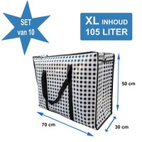 Big Shopper XL met rits -70 x 50 cm - Ruit - Zwart -Set van 10