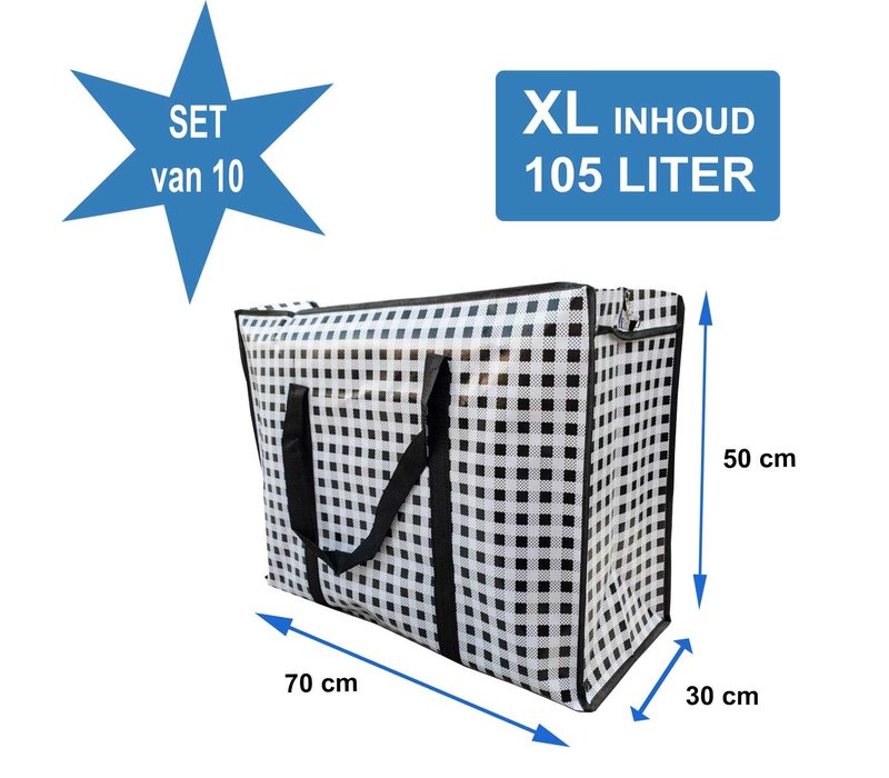 Big Shopper XL met rits -70 x 50 cm - Ruit - Zwart -Set van 10