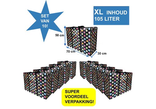 MixMamas Big Shoppers met rits XL (10 stuks) - 70 x 50 cm - Stippen - Zwart -Set van 10