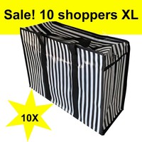 Big Shoppers met rits XL (10 stuks) - 70 x 50 cm - Set van 10 - Gestreept - Zwart